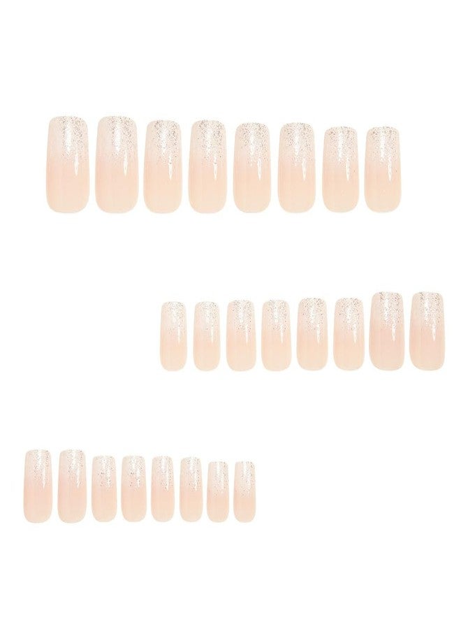 Foccna 24 Pcs Press on Nails Acrylic Square Fake Nails Nude with Design Full Cover Bling False Nails for Women Reusable Nail Kit Adhesive Tabs Nail File - Image 2